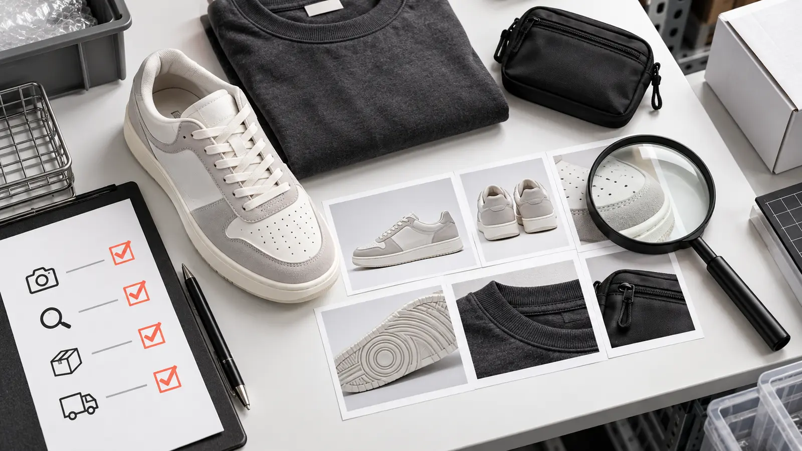 Warehouse inspection desk with product photos, checklist and magnifying glass